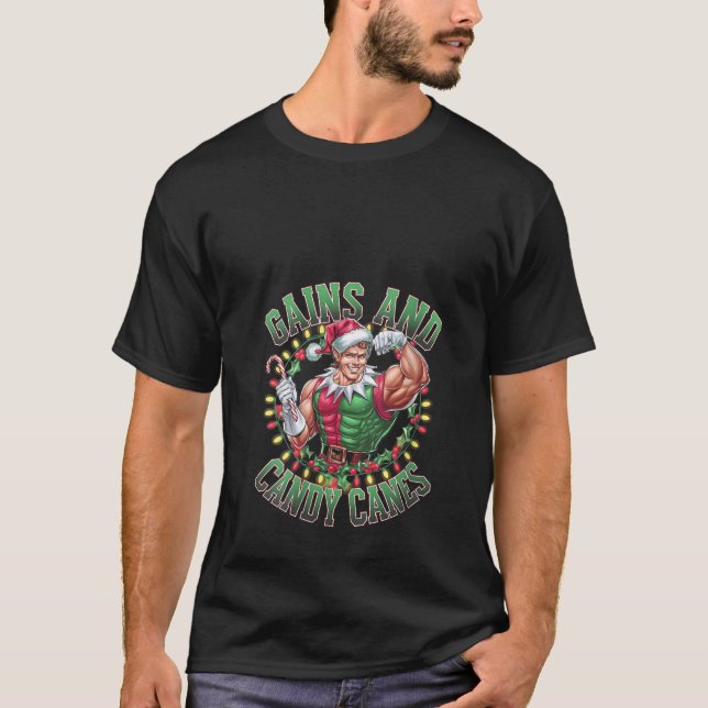 Womens Gains and Candy Canes Funny Christmas Elf G T-Shirt (Front)