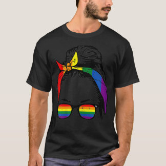 Womens Gay Mom Messy Hair Bun LGBTQ Rainbow Pride T-Shirt