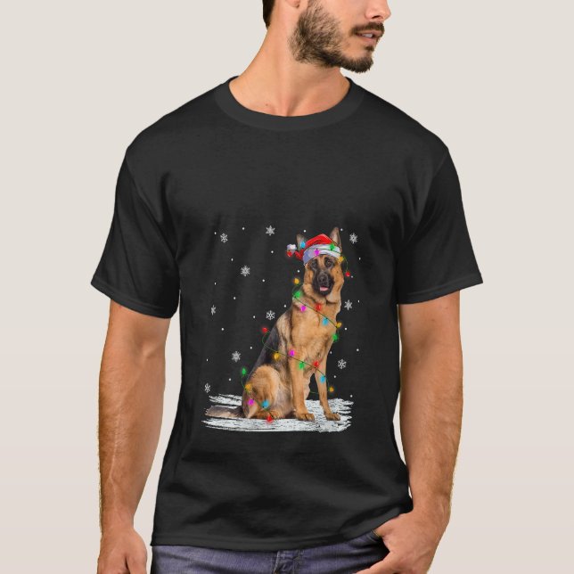 Womens German Shepherd Dog Christmas Lights Santa  T-Shirt (Front)