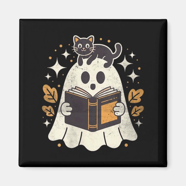 Womens Ghost Reading Book Halloween Library Black Magnet (Front)