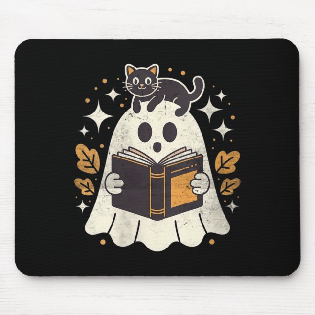 Womens Ghost Reading Book Halloween Library Black Mouse Mat (Front)