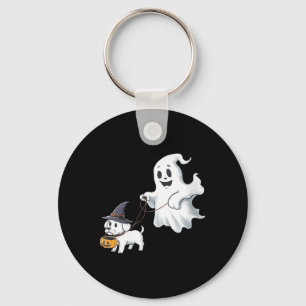 Womens Ghost Walks The Dog Halloween V-Neck Key Ring