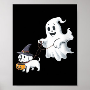 Womens Ghost Walks The Dog Halloween V-Neck Poster