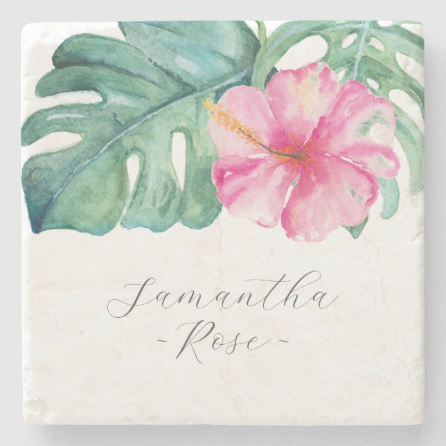 Women's Gifts Personalised Pink Tropical Flowers Stone Coaster (Front)