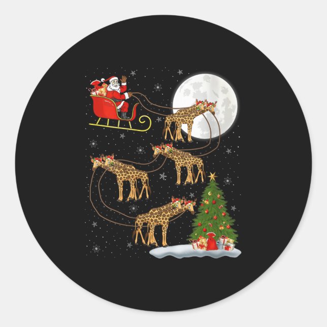 Womens Giraffe Santa Sleigh Flying Funny Magical C Classic Round Sticker (Front)