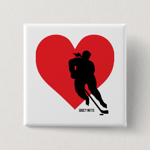 Womens Girls Love Heart Hockey Player 15 Cm Square Badge
