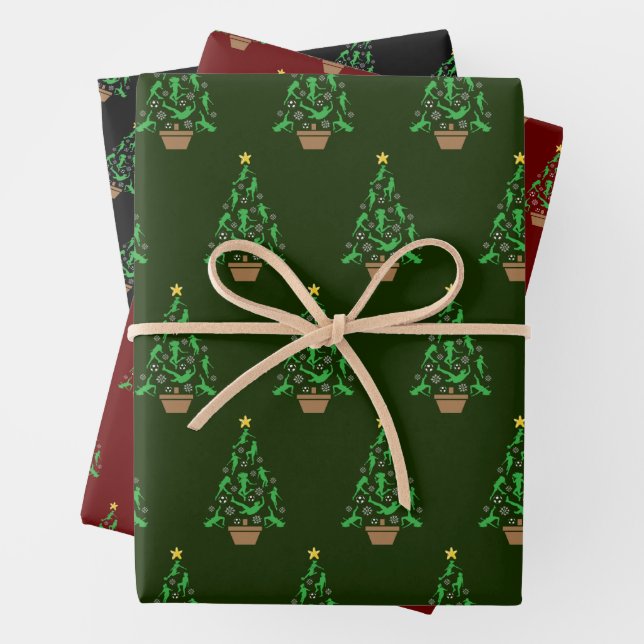 Women's Girls Soccer Christmas Tree Wrapping Paper Sheet (In situ)