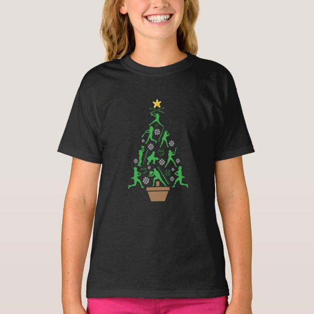 Women's Girls Softball Christmas Tree T-Shirt (Front)