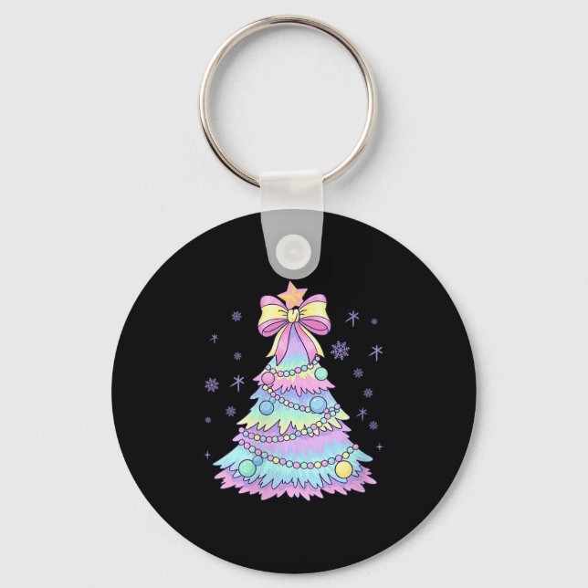 Womens Girly Christmas Tree Coquette Bow Jolly Xma Key Ring (Front)