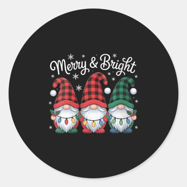 Womens Gnomes Merry And Bright Christmas Lights Bu Classic Round Sticker (Front)