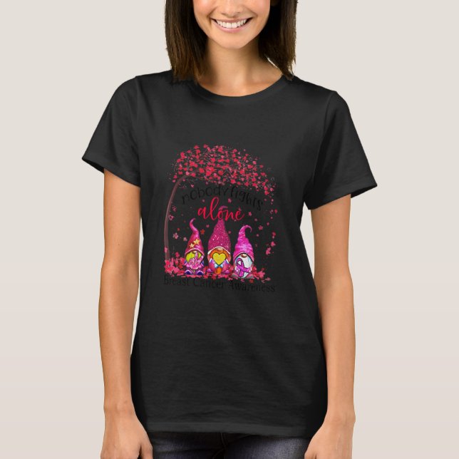 Womens Gnomes Nobody Fights Alone Breast Cancer T-Shirt (Front)