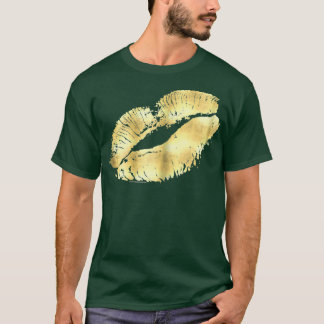 Womens Gold Printed Lipstick Kiss Makeup 80s T-Shirt