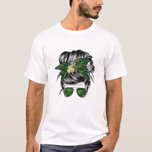 Womens Green Messy Bun Shamrock Irish Leprechaun S T-Shirt