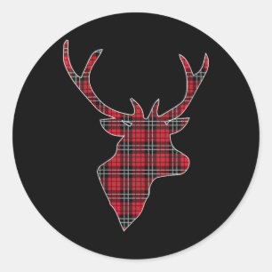 Womens Green Red Buffalo Plaid Deer Reindeer Head Classic Round Sticker