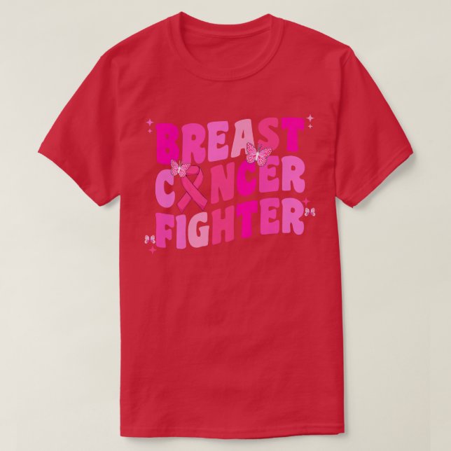 Womens Groovy Breast Cancer Fighter Awareness Pink T-Shirt (Design Front)