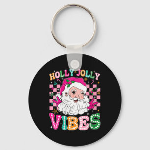 Womens Groovy Cute Santa Claus Christmas Vibes Xma Key Ring