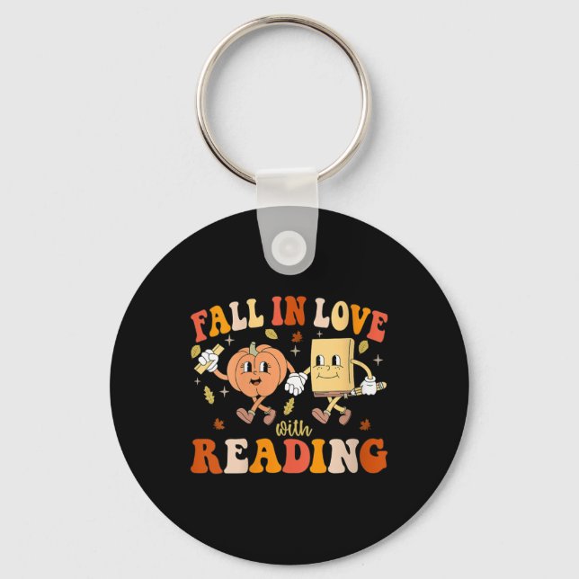 Womens Groovy Fall In Love With Reading Thanksgivi Key Ring (Front)