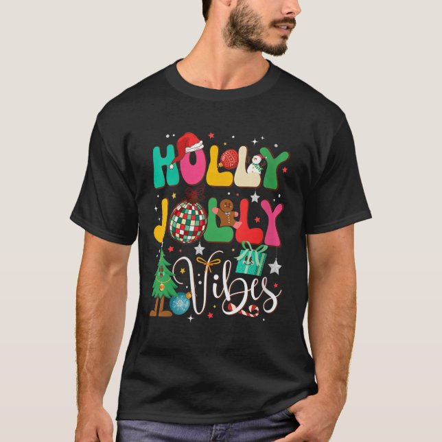 Womens Groovy Holly Xmas Jolly Christmas Vibes Mer T-Shirt (Front)
