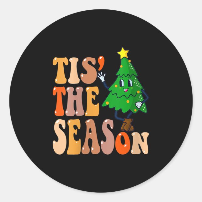 Womens Groovy Tis The Season Christmas Hippie Pine Classic Round Sticker (Front)