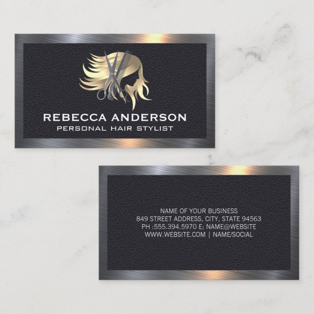 Womens Hair Logo | Salon | Metal Leather Business Card (Front/Back)