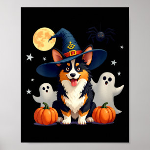 Womens Halloween Black And Tan Corgi Dog Witchs Poster