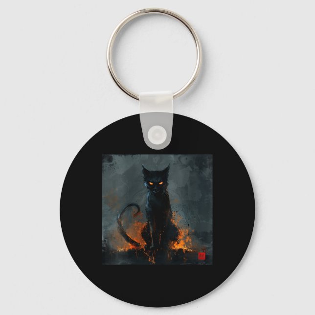 Womens Halloween Black Cat V-Neck Key Ring (Front)