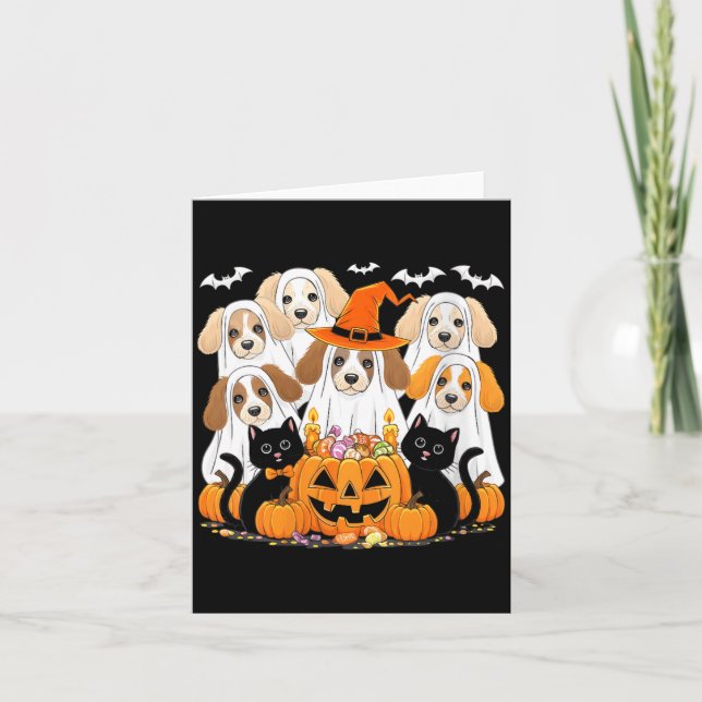 Womens Halloween Dog Dressed As Ghost Funny Card (Front)