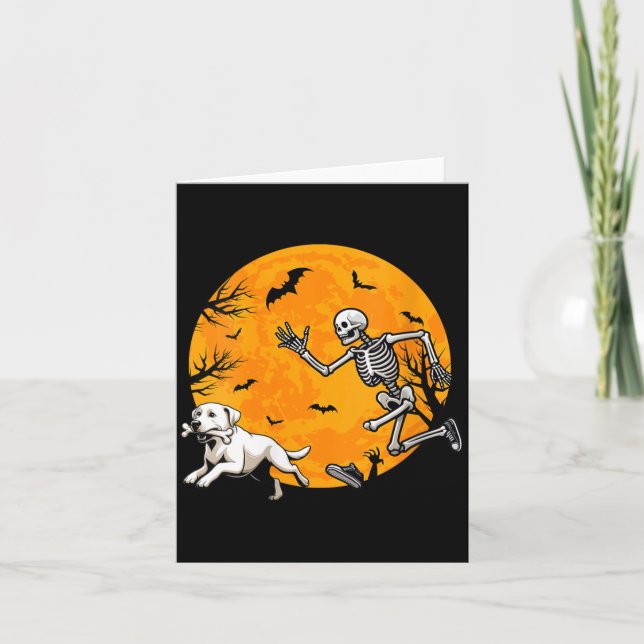 Womens Halloween Dog Skeleton Chasing Dog Card (Front)