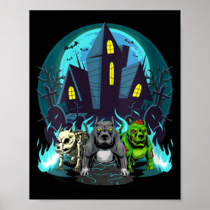 Womens Halloween Pitbulls Zombie Skeleton Black Poster