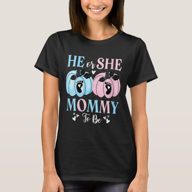 Womens Halloween Pumpkin Gender Reveal He Or She M T-Shirt (Front)