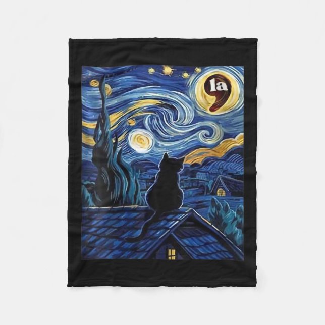 Womens Halloween Starry Night Black Cat Comma La K Fleece Blanket (Front)