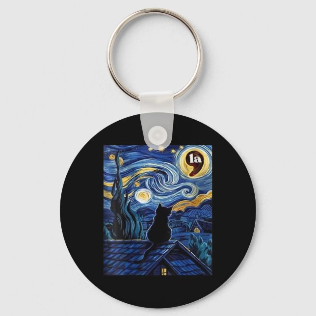 Womens Halloween Starry Night Black Cat Comma La K Key Ring (Front)