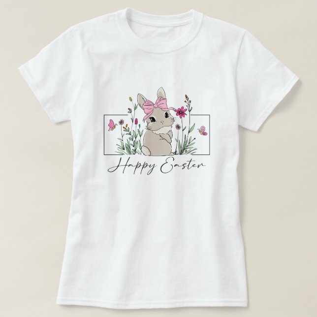 Womens Happy Easter Bunny Floral T-Shirt (Design Front)