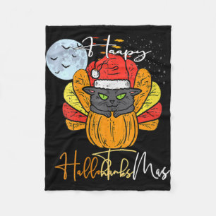 Womens Happy Hallothanksmas Cat Halloween Thanksgi Fleece Blanket