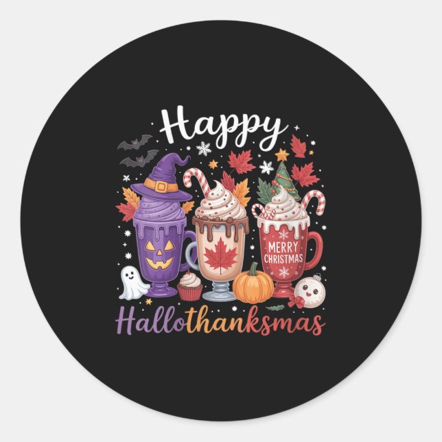 Womens Happy Hallothanksmas Coffee Lover Halloween Classic Round Sticker (Front)