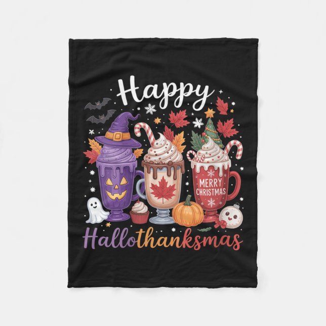 Womens Happy Hallothanksmas Coffee Lover Halloween Fleece Blanket (Front)