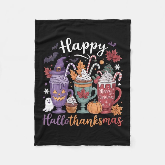 Womens Happy Hallothanksmas Coffee Lover Halloween Fleece Blanket (Front)