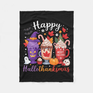 Womens Happy Hallothanksmas Coffee Lover Halloween Fleece Blanket