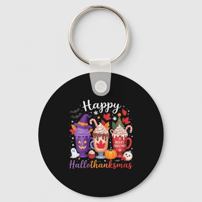 Womens Happy Hallothanksmas Coffee Lover Halloween Key Ring (Front)