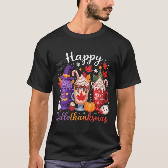 Womens Happy Hallothanksmas Coffee Lover Halloween T-Shirt (Front)