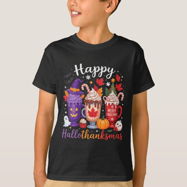 Womens Happy Hallothanksmas Coffee Lover Halloween T-Shirt (Front)
