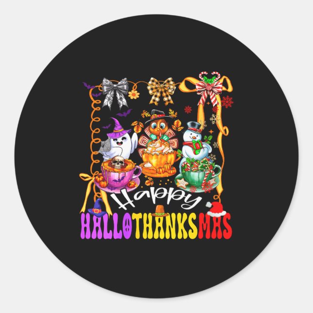Womens Happy Hallothanksmas Coquette Bow Coffee La Classic Round Sticker (Front)