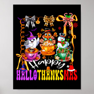 Womens Happy Hallothanksmas Coquette Bow Coffee La Poster