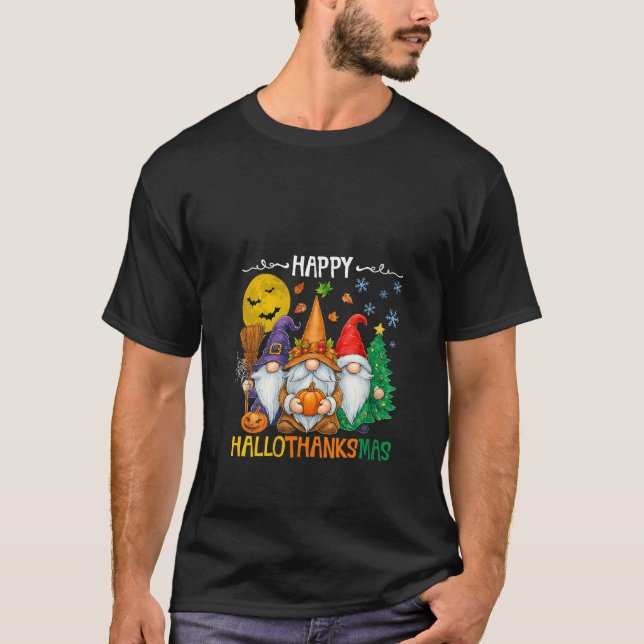 Womens Happy Hallothanksmas Gnomes Lover Funny Hol T-Shirt (Front)