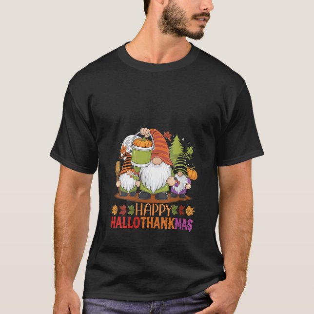 Womens Happy Hallothanksmas Gnomes Lover Halloween T-Shirt (Front)