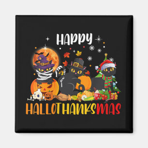 Womens Happy Hallothanksmas Shirt Black Cat Hallow Magnet