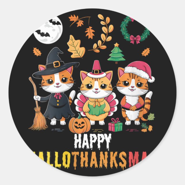Womens Happy Hallothanksmas Thanksgiving Halloween Classic Round Sticker (Front)