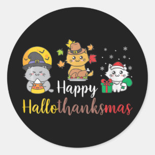 Womens Happy Halloween Christmas Thanksgiving Cat  Classic Round Sticker