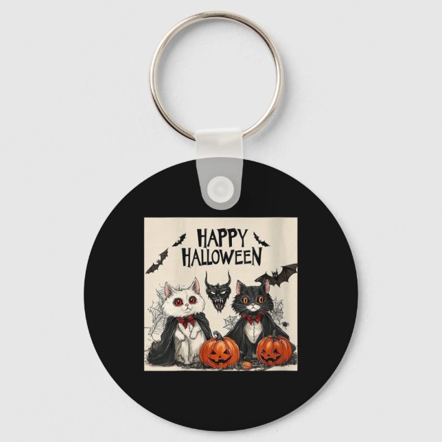 Womens Happy Halloween Vampire Black Cat Bat Key Ring (Front)