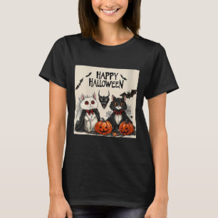 Womens Happy Halloween Vampire Black Cat Bat T-Shirt